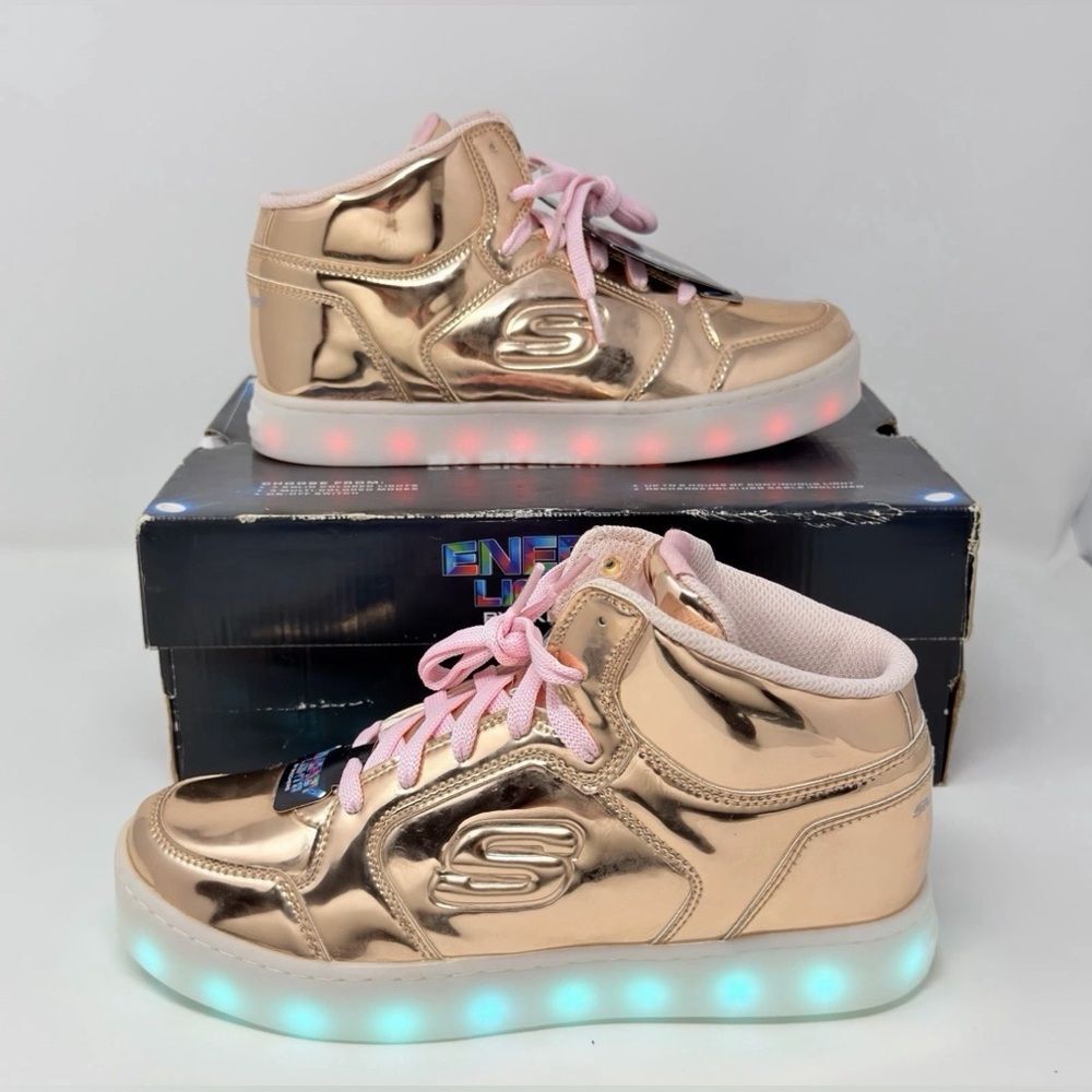 NEW Skechers Energy Lights Rose Gold Metallic LED High Top Shoes Kids 5 TESTED